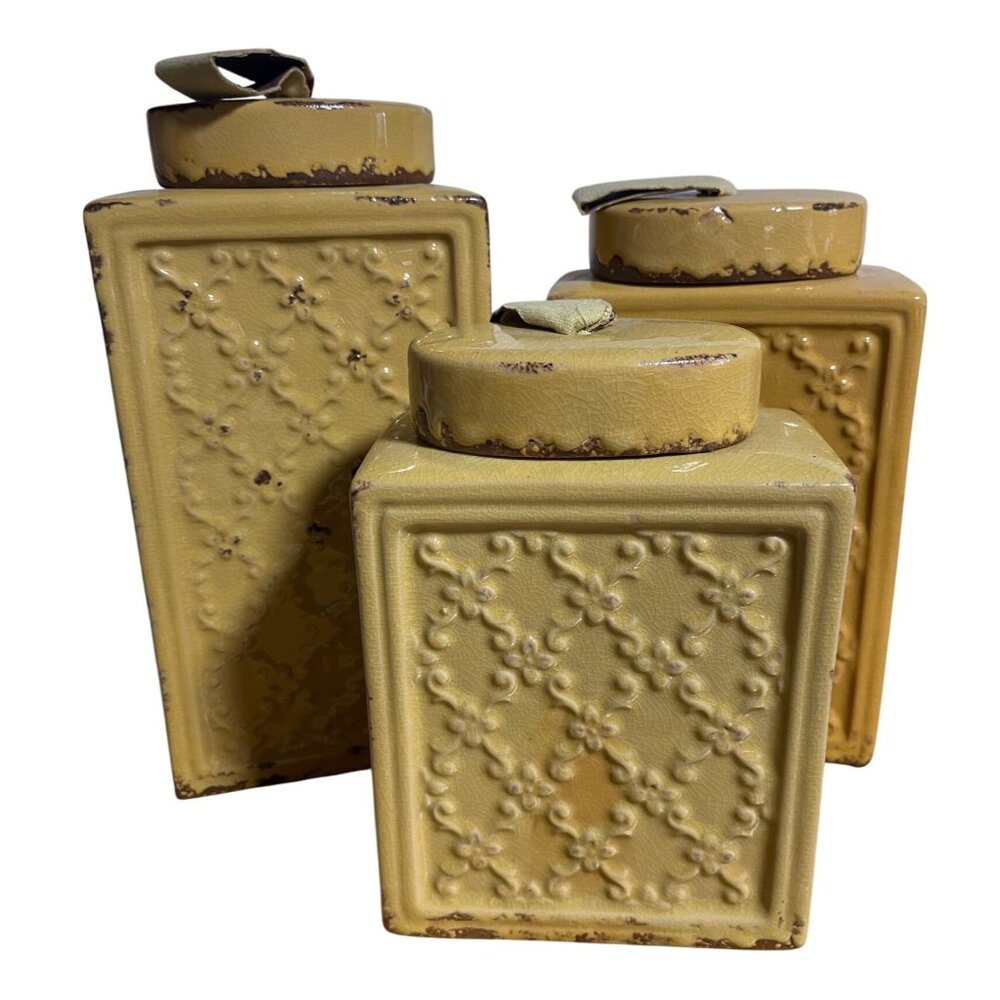 Retro Style Yellow Ceramic Canister Set Of 3 With Lids Distressed Finish